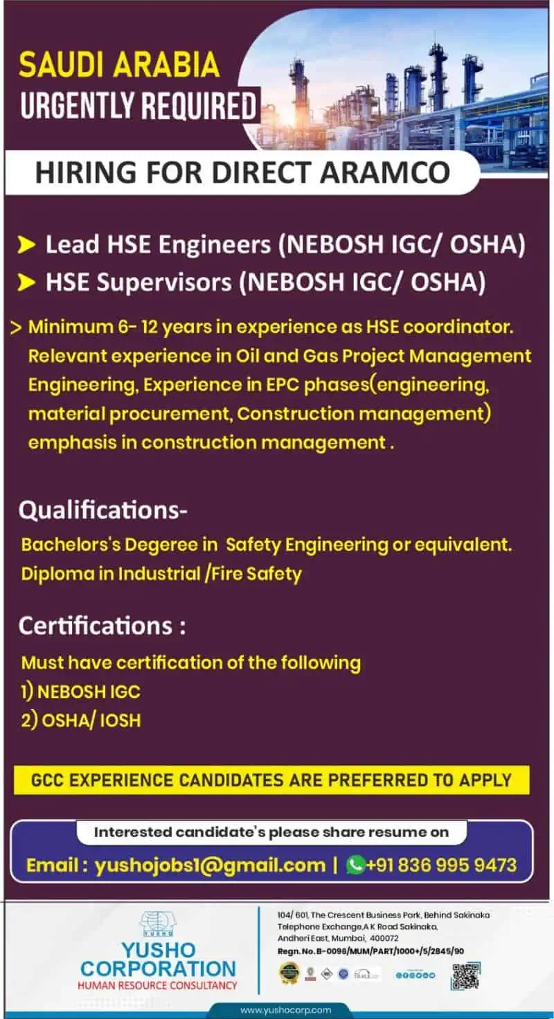 ARAMCO HSE Jobs Saudi Arabia - NEBOSH OSHA Certified Engineers & Supervisors Required