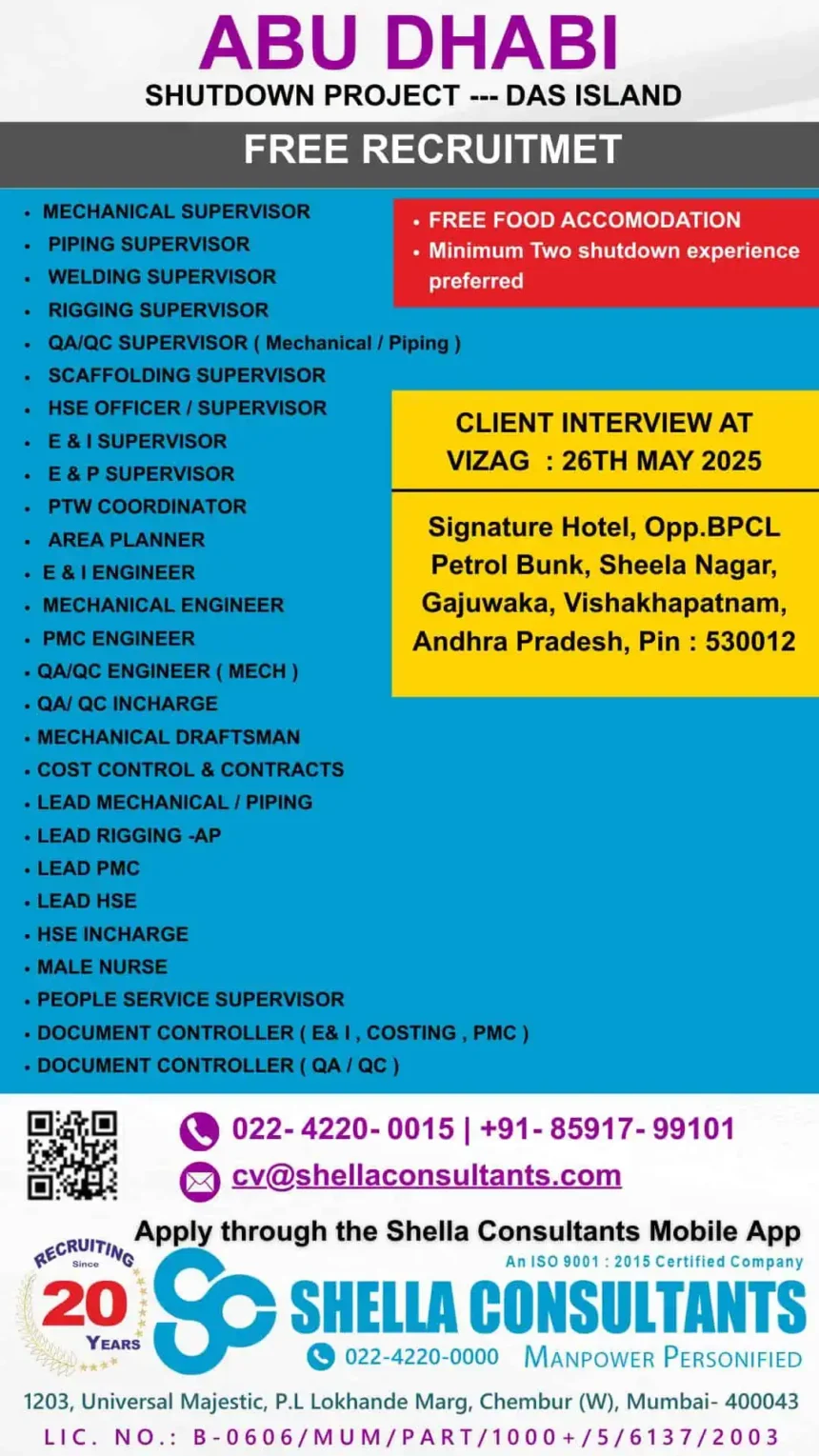 Abu Dhabi Das Island shutdown project job recruitment poster for 2025 with interview details and job roles listed
