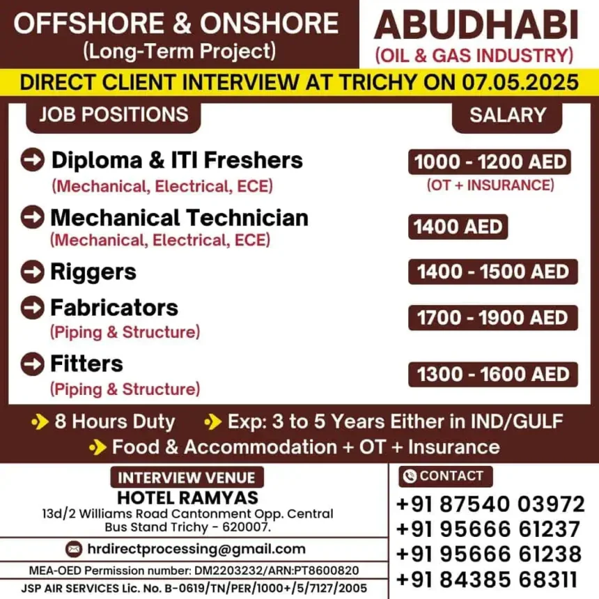 Abu Dhabi offshore and onshore oil and gas job interview details in Trichy 2025