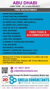 Abu Dhabi oil and gas job vacancies with free recruitment, food, and accommodation listed by Shella Consultants