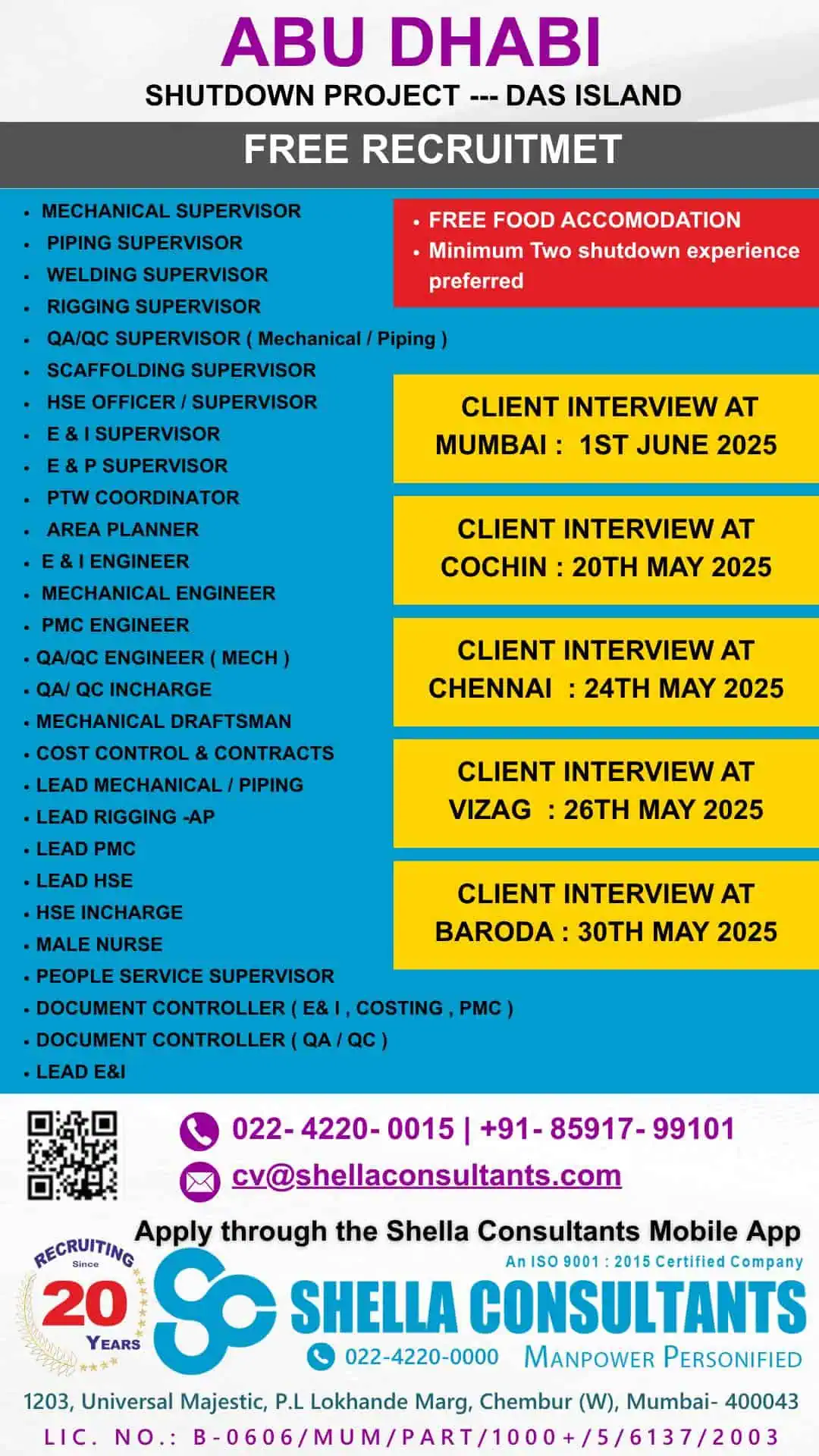 Abu Dhabi shutdown project jobs 2025 with interview dates and positions by Shella Consultants