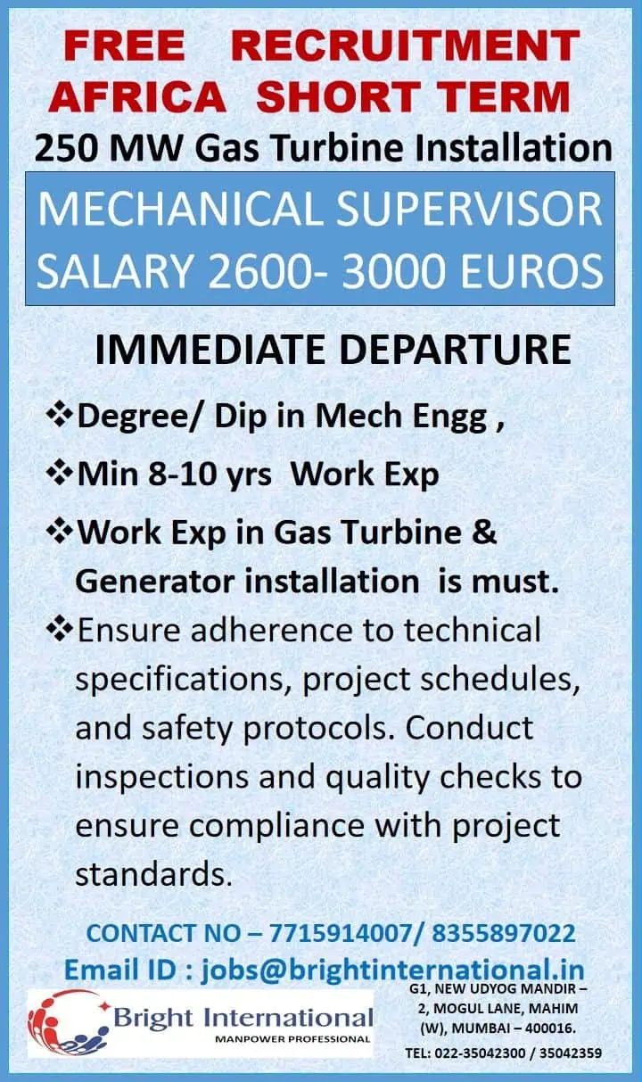 Africa Gas Turbine Mechanical Supervisor Jobs – Bright International Free Recruitment