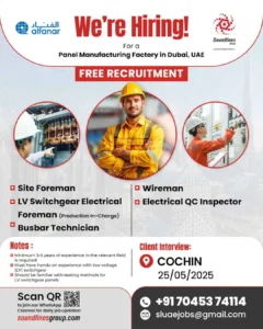 Alfanar panel manufacturing factory hiring electricians and technicians for Dubai with free recruitment and Cochin interview.