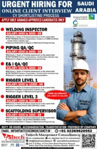 Aramco approved urgent job openings in Saudi Arabia for Welding Inspector, QAQC, Riggers, and Scaffolding Supervisor roles