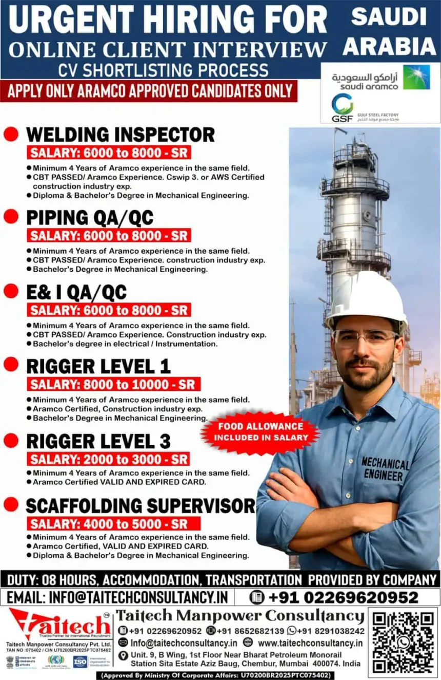 Aramco approved urgent job openings in Saudi Arabia for Welding Inspector, QAQC, Riggers, and Scaffolding Supervisor roles