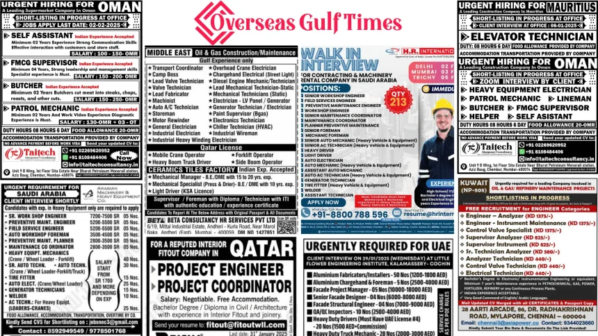 Assignment Abroad Times newspaper dated 06 May 2025 featuring overseas job listings in construction, healthcare, IT, and hospitality sectors.