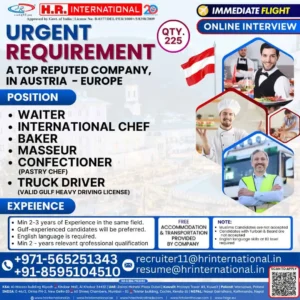 Austria job vacancies for waiters, chefs, bakers, truck drivers with free accommodation and immediate flights
