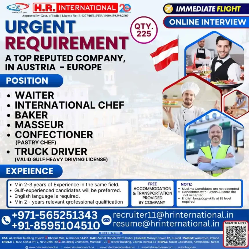 Austria job vacancies for waiters, chefs, bakers, truck drivers with free accommodation and immediate flights