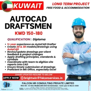 AutoCAD Draftsmen job vacancy in Kuwait with salary KWD 150–180, free food and accommodation