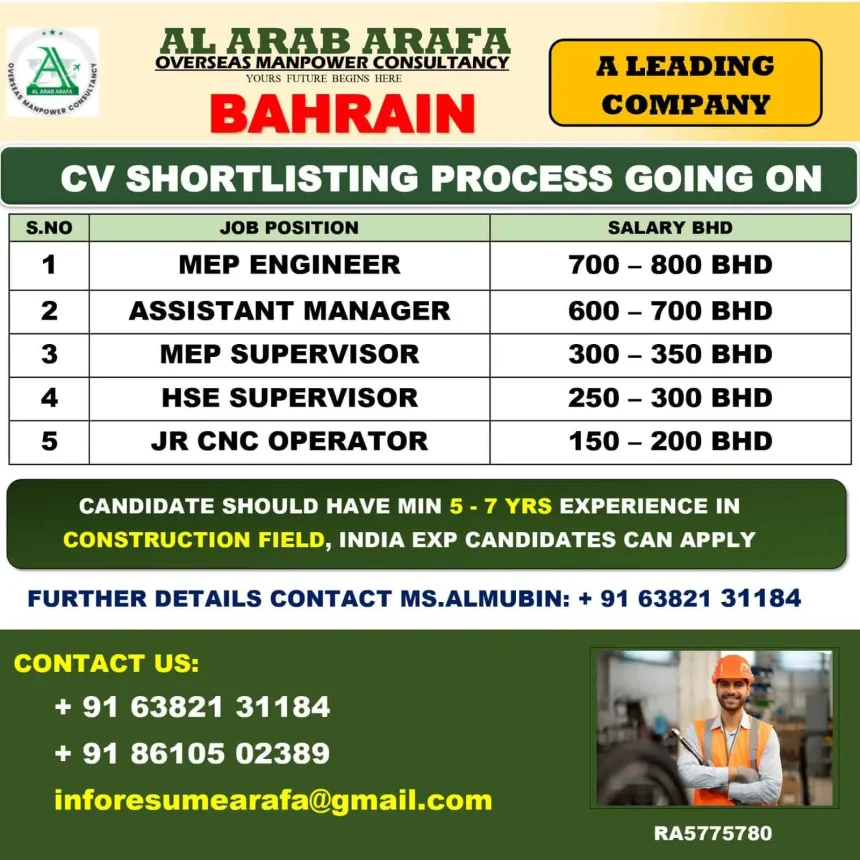 Bahrain job vacancies 2025 for MEP Engineer, HSE Supervisor, CNC Operator with salary details