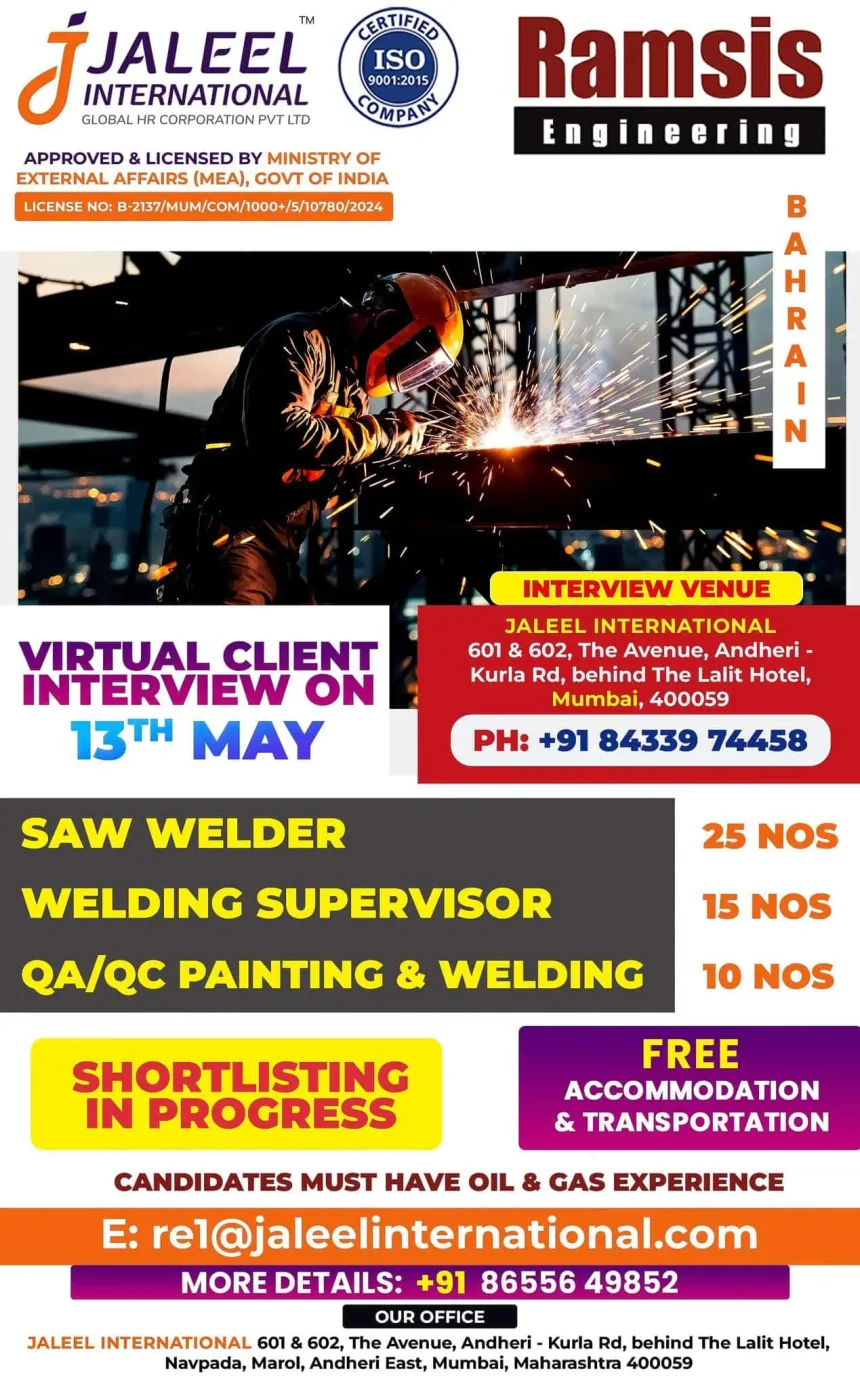 Bahrain oil and gas job openings May 2025 – Virtual interview by Jaleel International