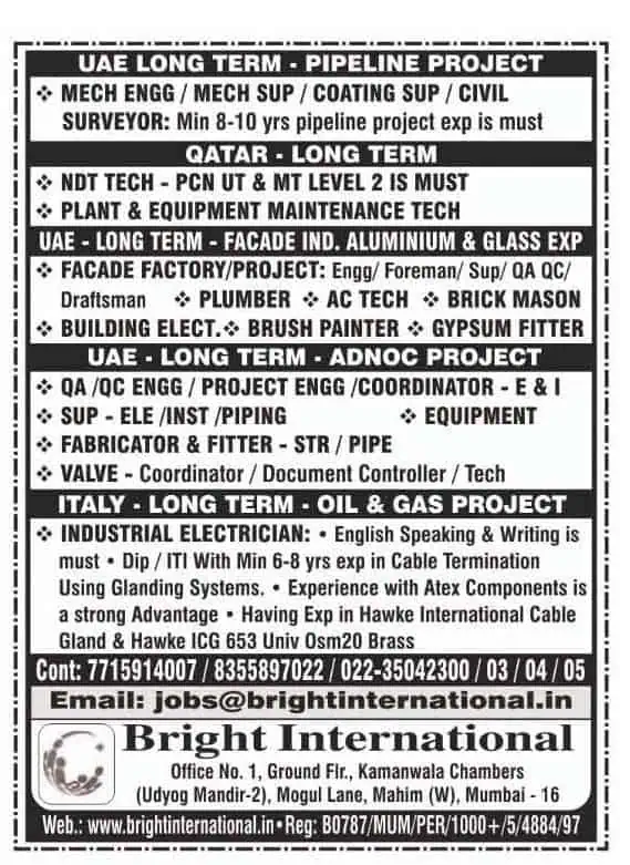 Bright International overseas job advertisement 2025 for oil and gas, pipeline, and engineering roles in UAE, Qatar, and Italy