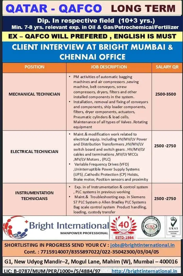 Client Interview for QAFCO Qatar Jobs – Mechanical, Electrical & Instrumentation Technicians – Bright International Mumbai & Chennai