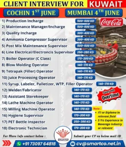 Client interview for Coca-Cola Kuwait jobs in Cochin and Mumbai June 2025 – technician, supervisor, operator roles with salary details.