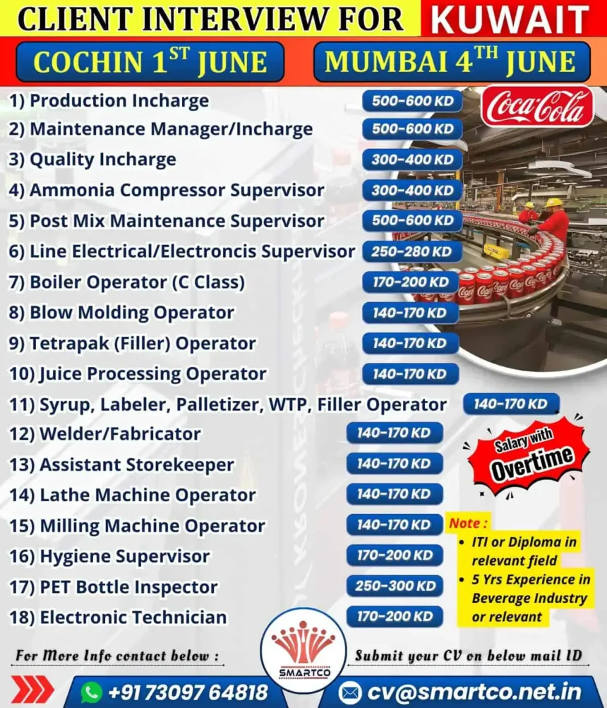 Client interview for Coca-Cola Kuwait jobs in Cochin and Mumbai June 2025 – technician, supervisor, operator roles with salary details.