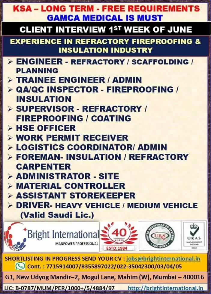 Client interview jobs in KSA for refractory, fireproofing, and insulation industry – Bright International June 2025
