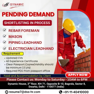 Construction worker laying bricks in PPE gear – Job vacancies for mason, rebar foreman, and electrician roles abroad