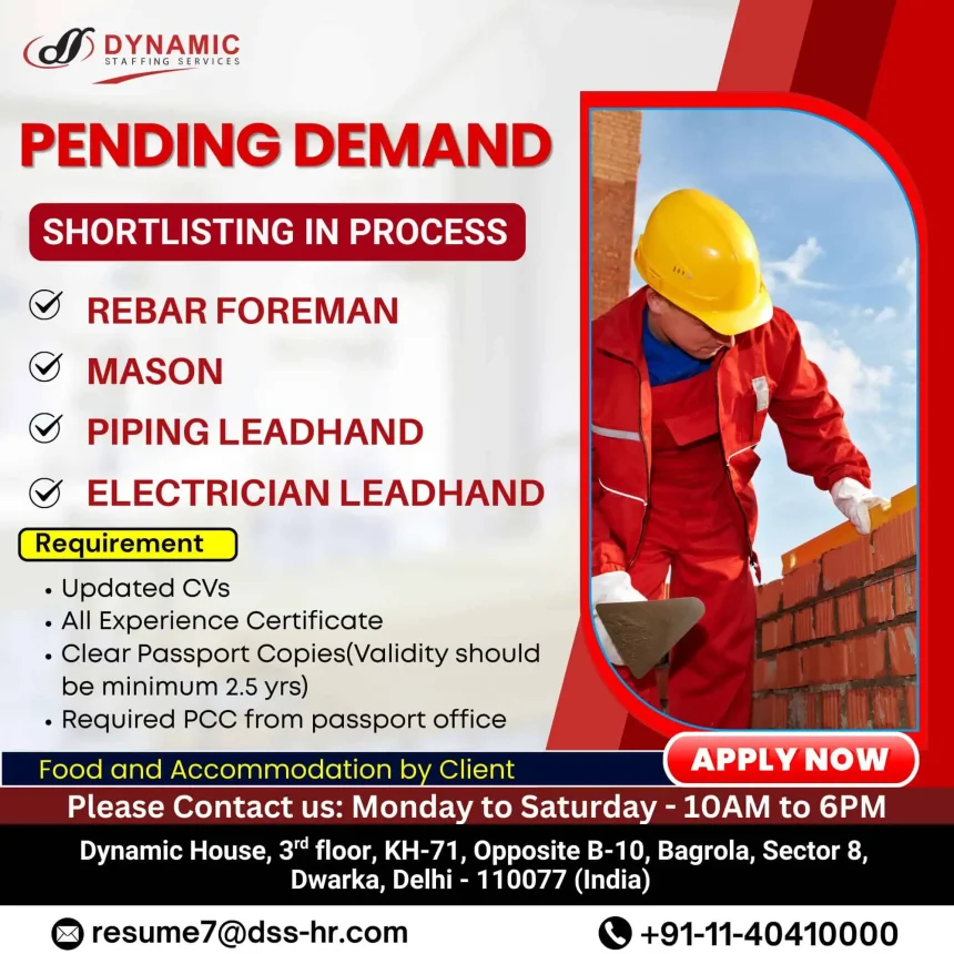 Construction worker laying bricks in PPE gear – Job vacancies for mason, rebar foreman, and electrician roles abroad