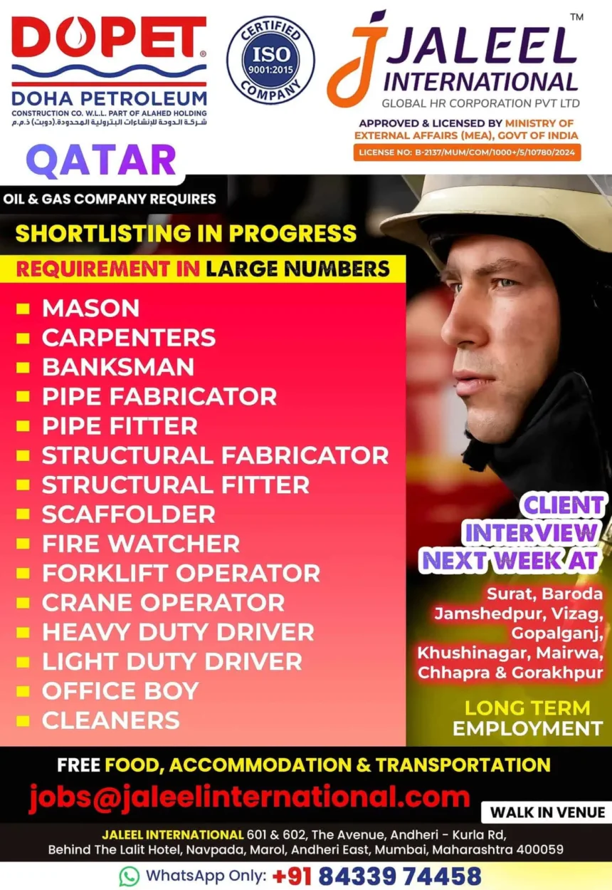 DOPET Qatar Shutdown Jobs 2025 - Hiring for Masons, Pipe Fitters, Drivers & More Jaleel International
