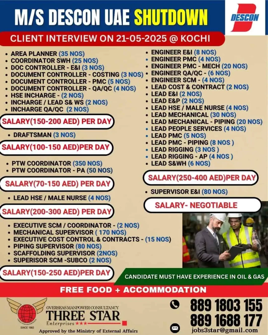 Descon UAE Shutdown Jobs 2025 Walk-In Interview Poster Kochi