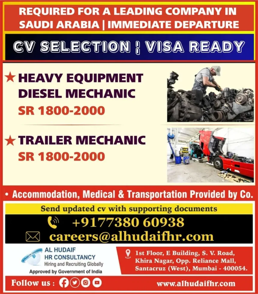 Diesel and Trailer Mechanic Jobs Saudi Arabia – Visa Ready, SR 1800–2000