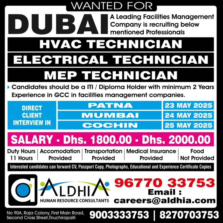 Dubai HVAC, Electrical, MEP Technician Jobs 2025 – Interview Dates & Salary Info