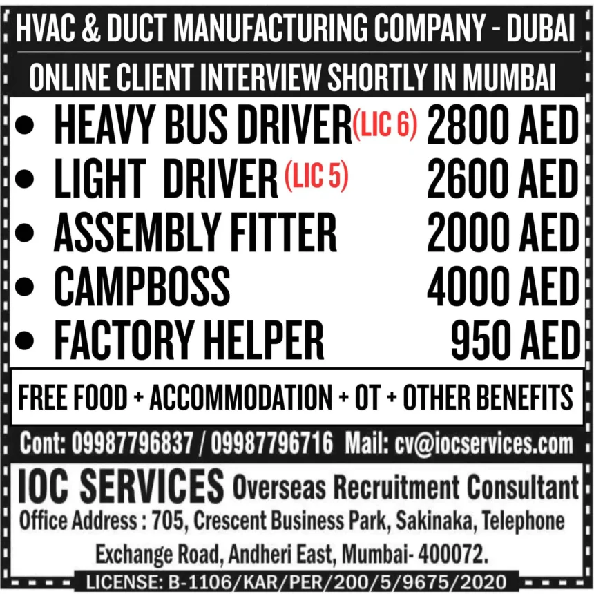 Dubai HVAC and duct company job vacancies with interview in Mumbai – Heavy driver, light driver, campboss, fitter, factory helper roles with AED salary details.