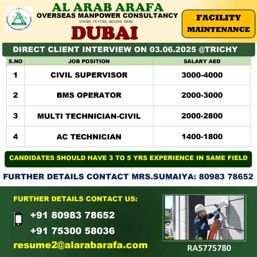 Dubai facility maintenance jobs interview 2025 Trichy – AC Technician, Civil Supervisor, BMS Operator openings