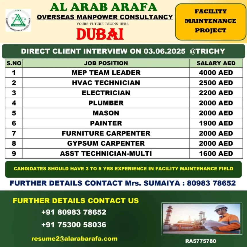 Dubai facility maintenance project job interview details in Trichy by Al Arab Arafa