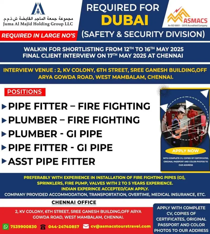 Dubai fire fighting jobs 2025 – Pipe fitter and plumber recruitment walk-in in Chennai
