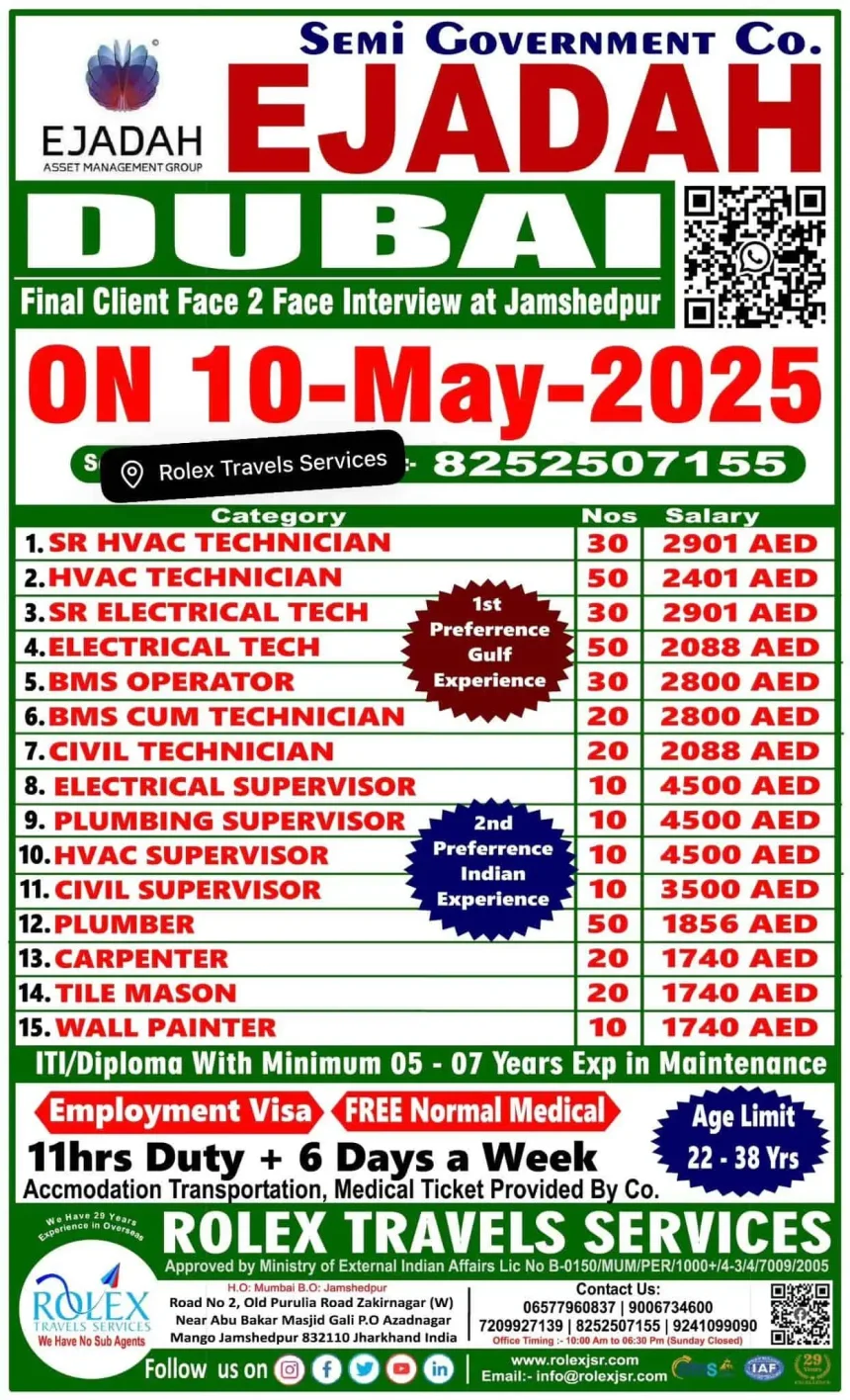 Ejadah Dubai Job Interview May 2025 Poster - HVAC, Electrical, Civil, Plumbing Openings via Rolex Travels Jamshedpur