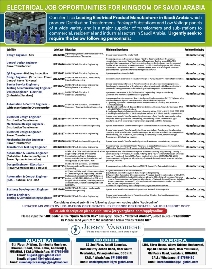 Electrical job opportunities in Saudi Arabia – transformer, QA, automation engineer hiring poster 2025