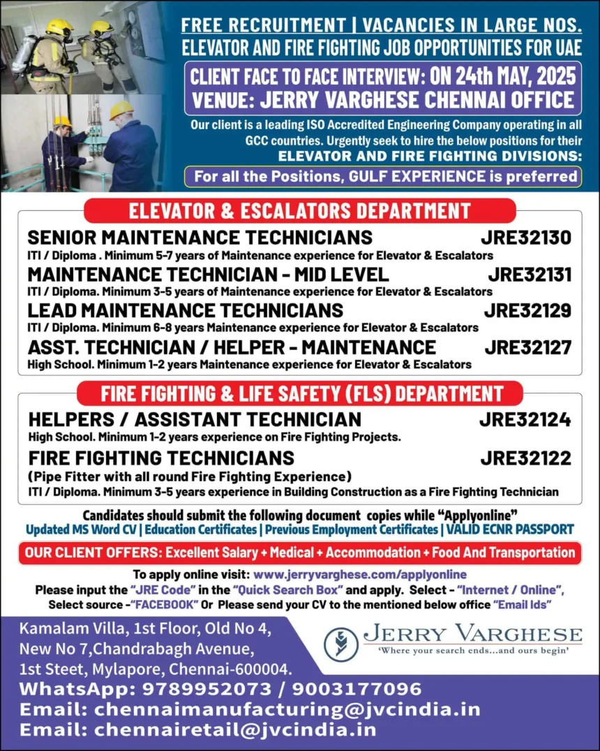 Elevator and Firefighting Jobs UAE Interview May 2025 Chennai Jerry Varghese
