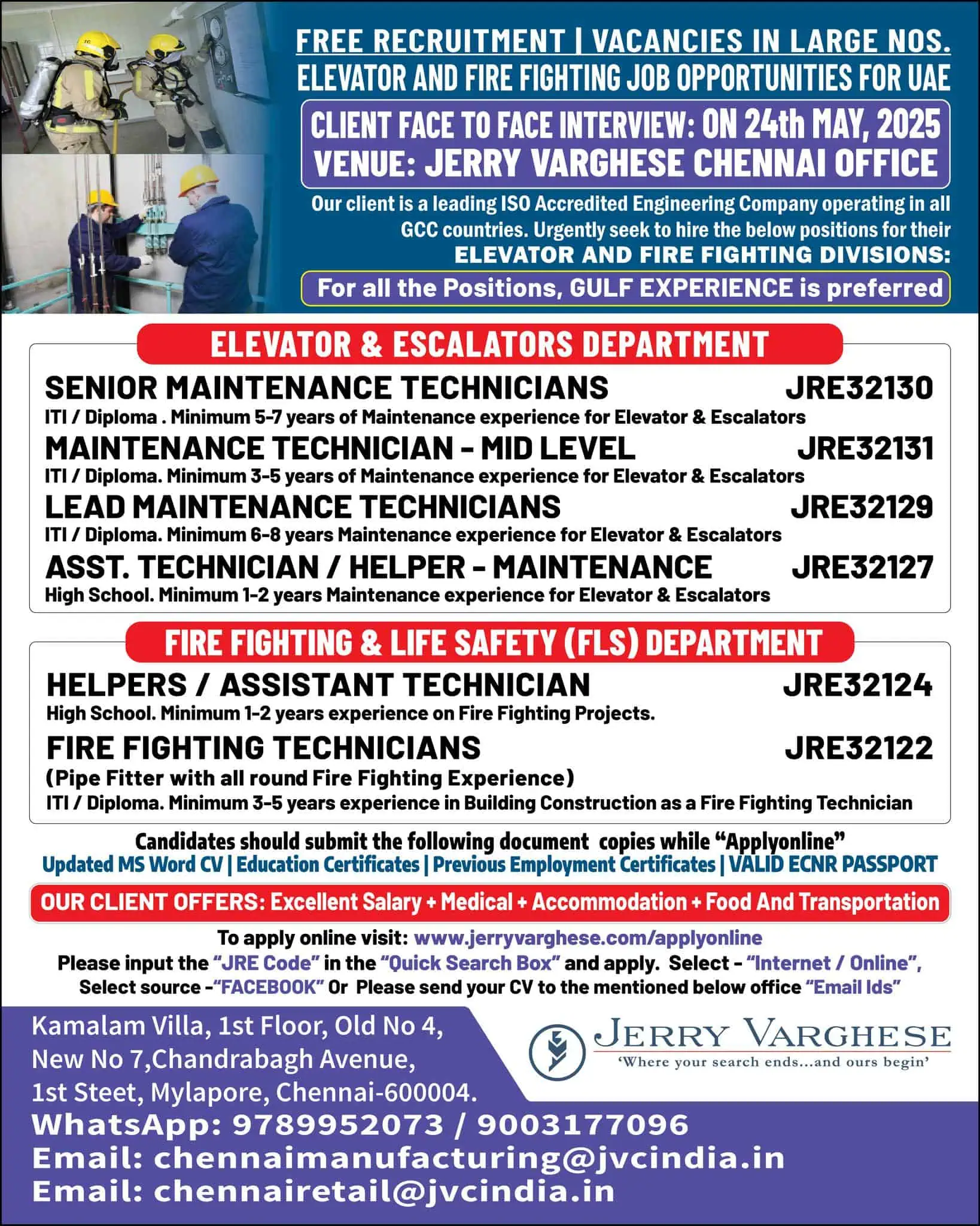 Elevator and Firefighting Jobs UAE Interview May 2025 Chennai Jerry Varghese