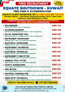 Equate Shutdown Kuwait Jobs Walk-in Interview Cochin June 2025