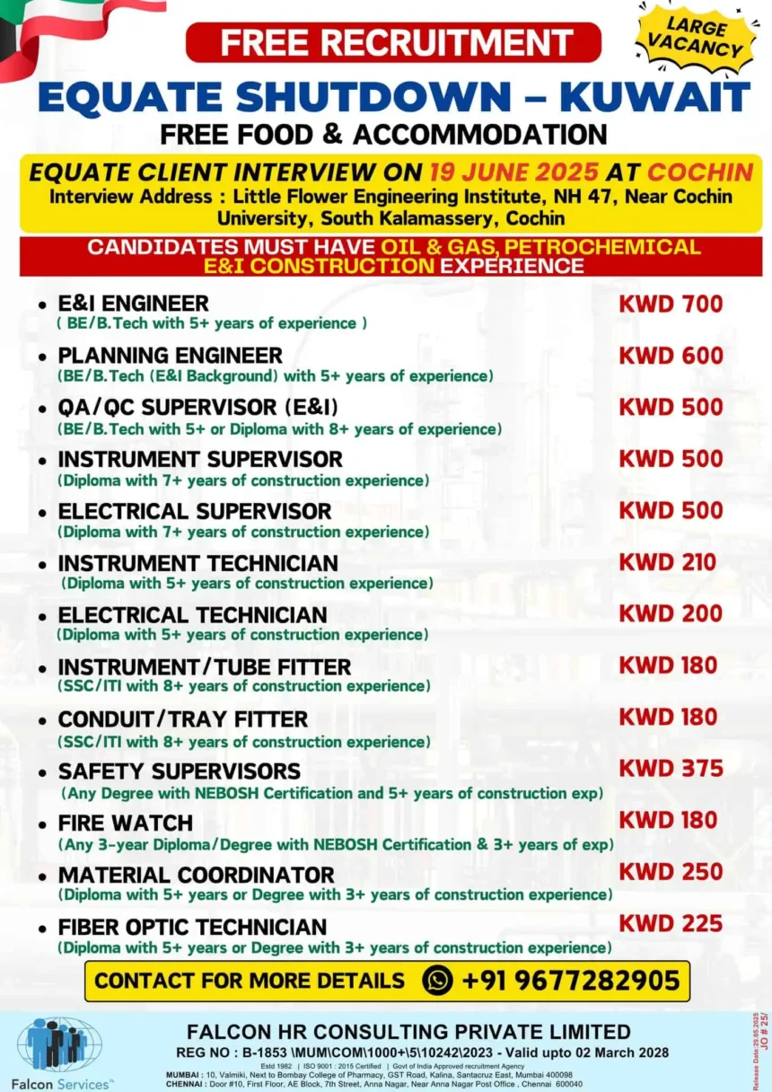Equate Shutdown Kuwait Jobs Walk-in Interview Cochin June 2025