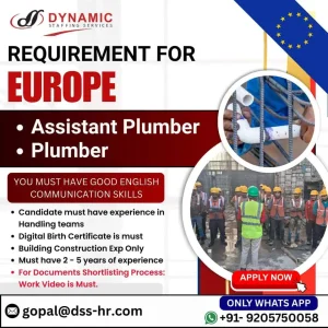 Europe plumbing jobs hiring notice for assistant plumber and plumber roles with job requirements, visuals of construction workers, and contact details via Dynamic Staffing Services