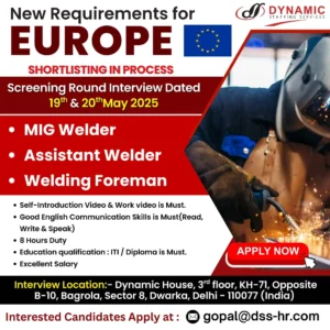 Europe welding jobs 2025 recruitment for MIG Welder, Assistant Welder, and Welding Foreman