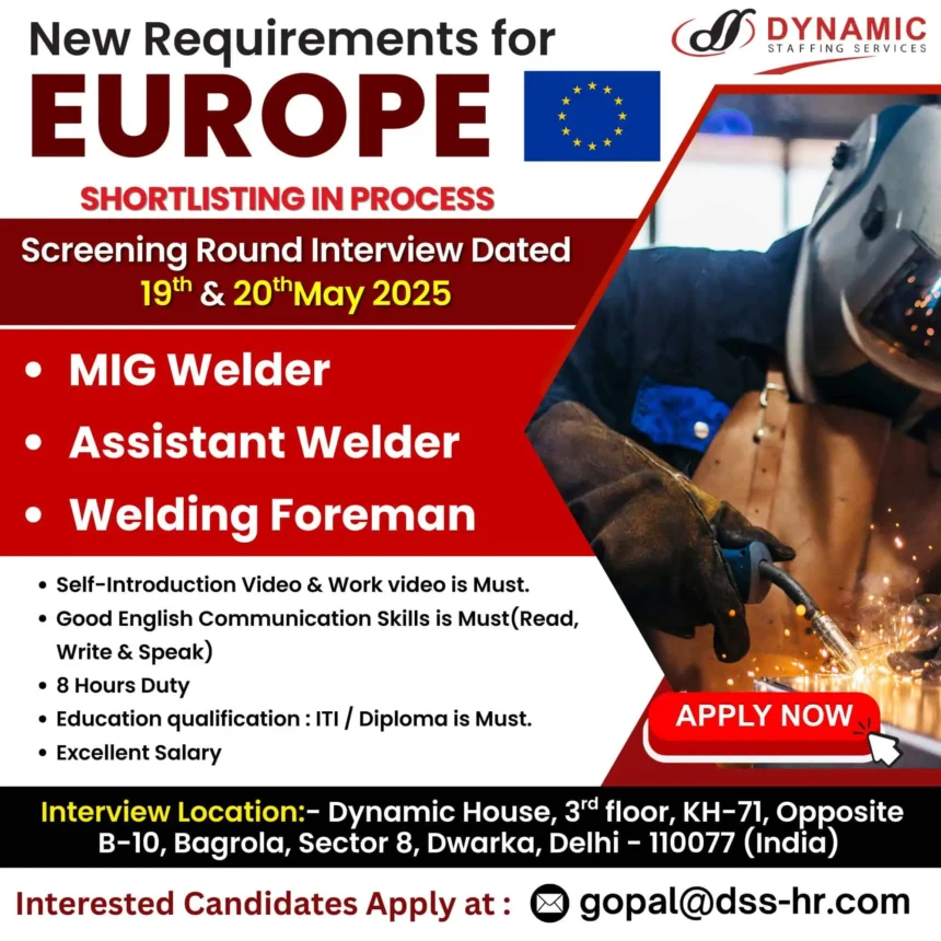 Europe welding jobs 2025 recruitment for MIG Welder, Assistant Welder, and Welding Foreman