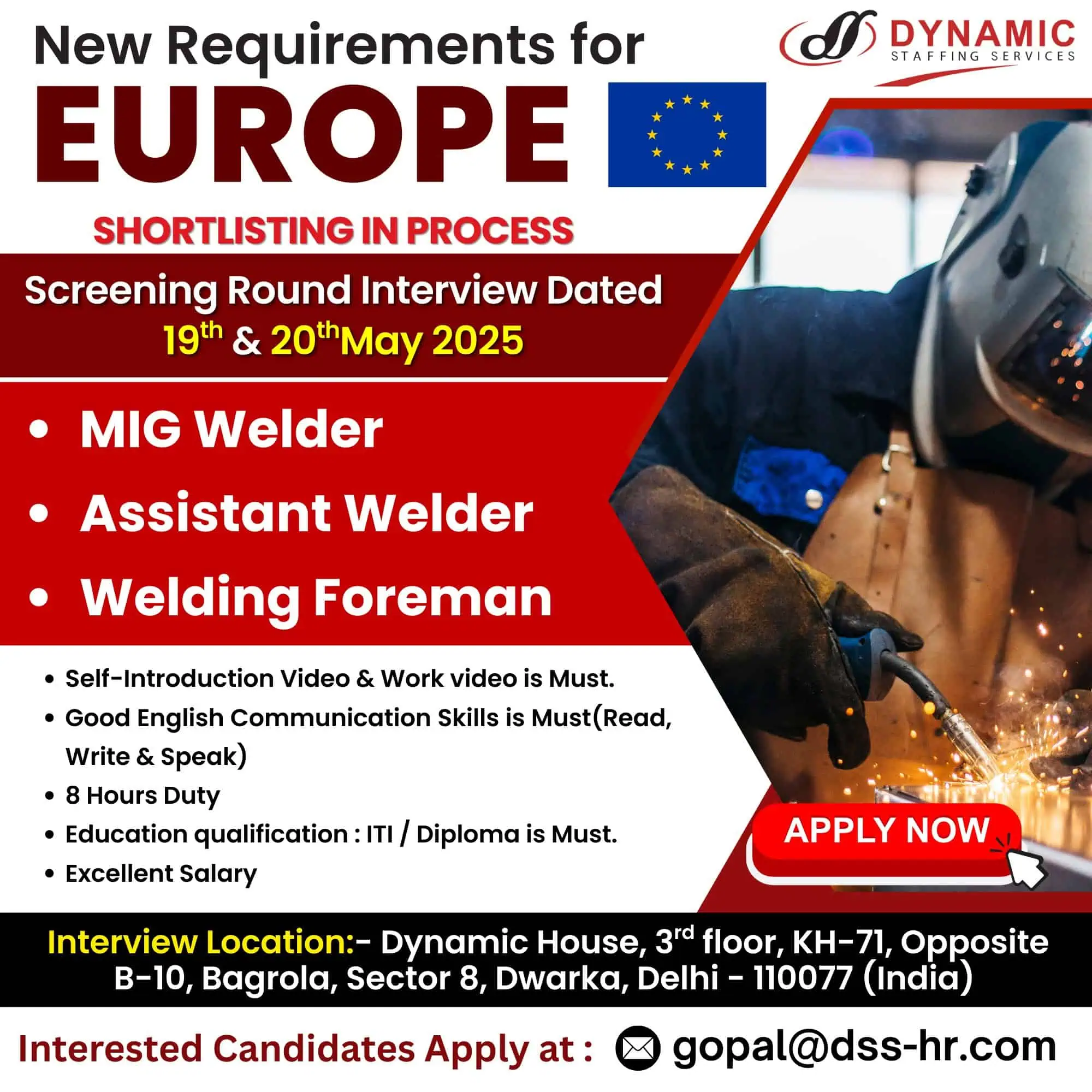 Europe welding jobs 2025 recruitment for MIG Welder, Assistant Welder, and Welding Foreman