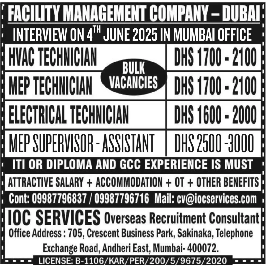 Facility Management Company Dubai Jobs June 2025 Interview HVAC MEP Electrical Technicians Mumbai