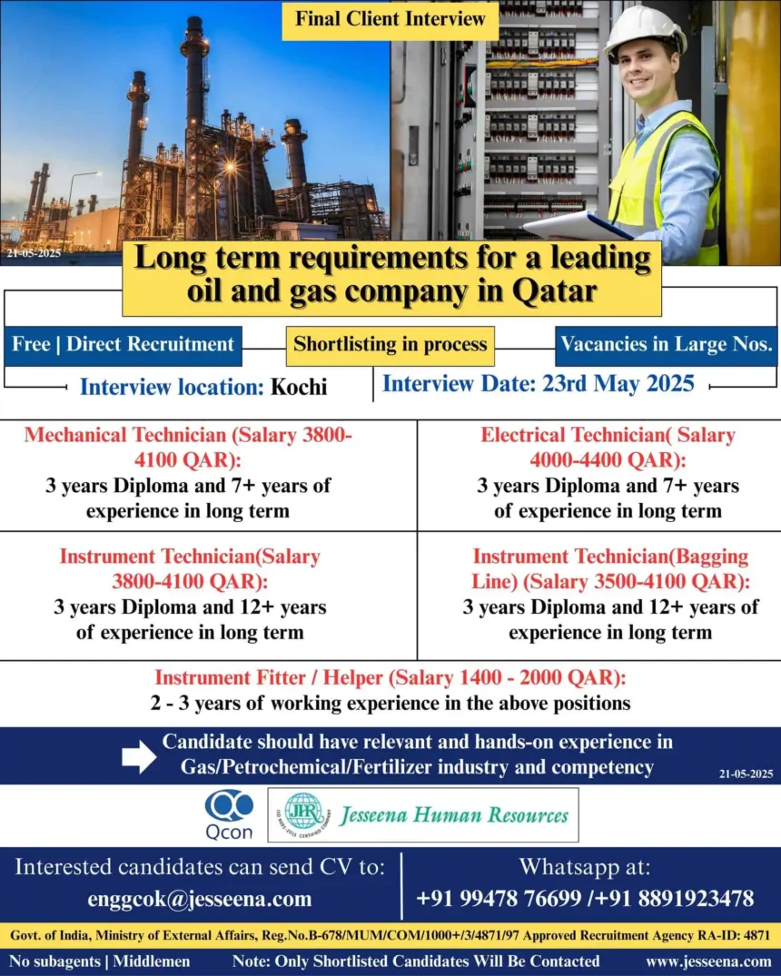 Final client interview notice for oil and gas technician jobs in Qatar, May 2025 in Kochi by Jesseena Human Resources