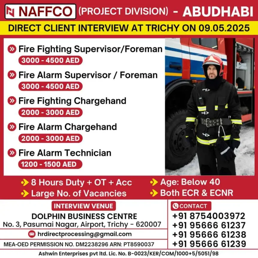 Fire and safety job openings in Abu Dhabi with NAFFCO - Direct interview in Trichy on 9 May 2025