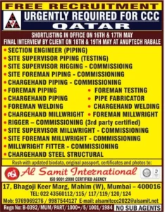 Free recruitment for CCC Qatar - May 2025 job vacancies for engineers, foremen, welders, riggers, and more by Al Samit International.