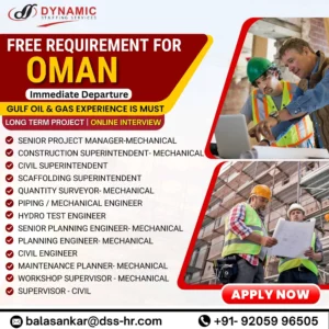 Free requirement for Oman oil and gas jobs – mechanical and civil engineer vacancies