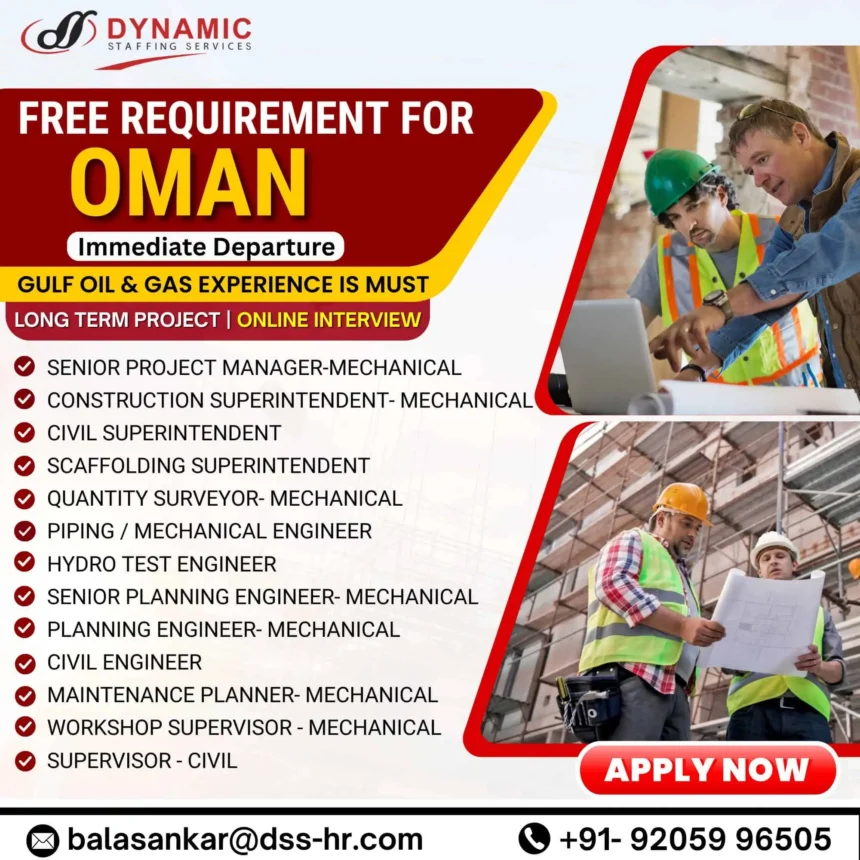Free requirement for Oman oil and gas jobs – mechanical and civil engineer vacancies