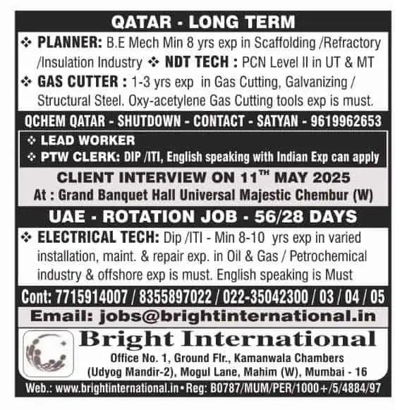 Gulf Job Vacancy Ad for Qatar and UAE – May 2025 Interview in Mumbai