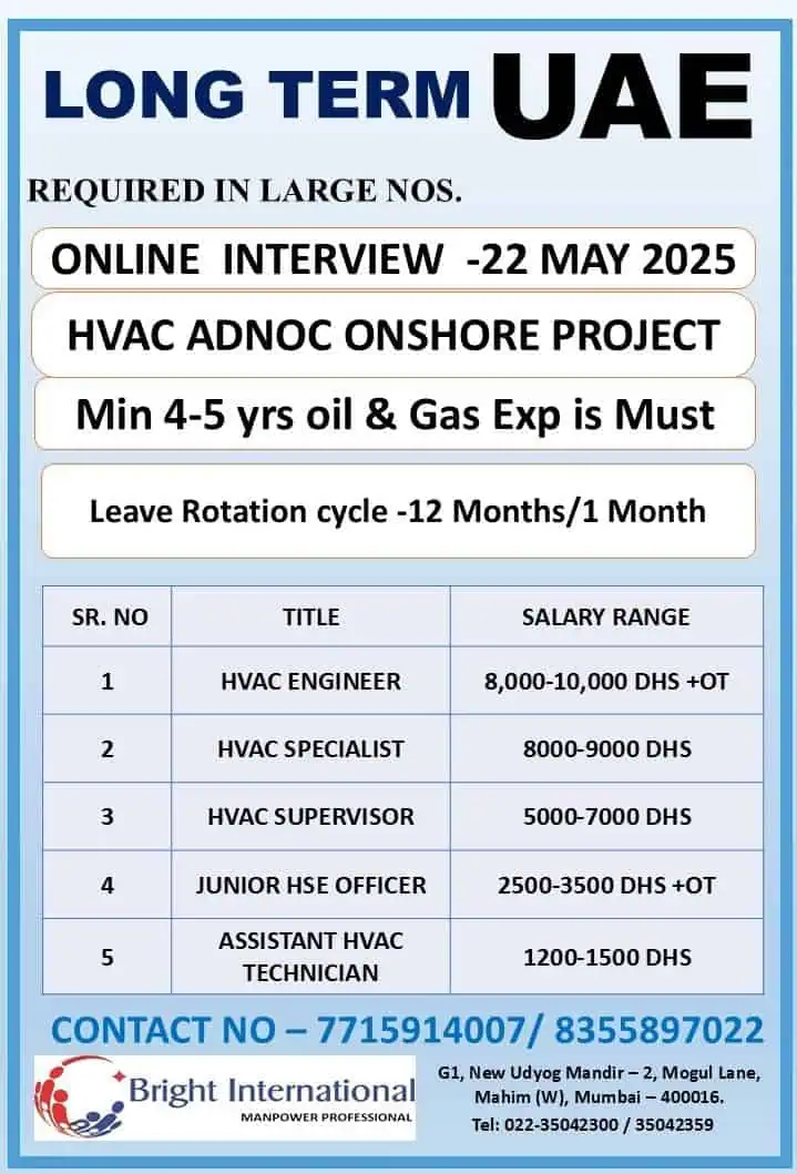 HVAC ADNOC Onshore Project UAE Job Vacancy 2025 Poster