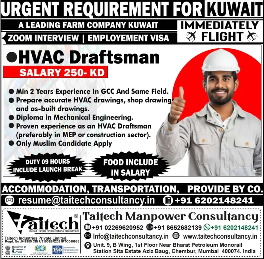 HVAC Draftsman job vacancy in Kuwait – Taitech Consultancy poster