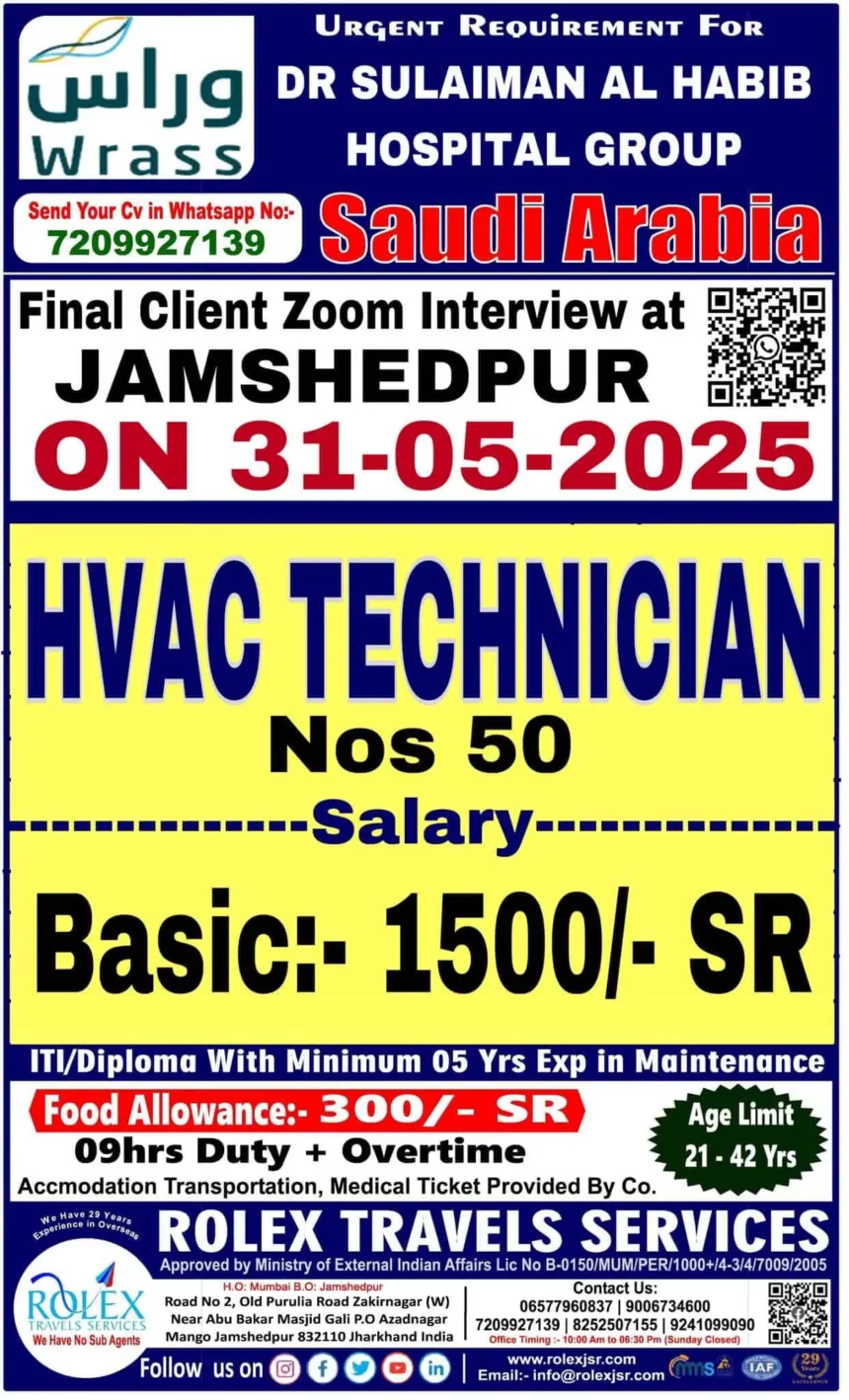 HVAC Technician in Saudi Arabia – Interview on 31-05-2025 at Jamshedpur, posted by Rolex Travels Services.
